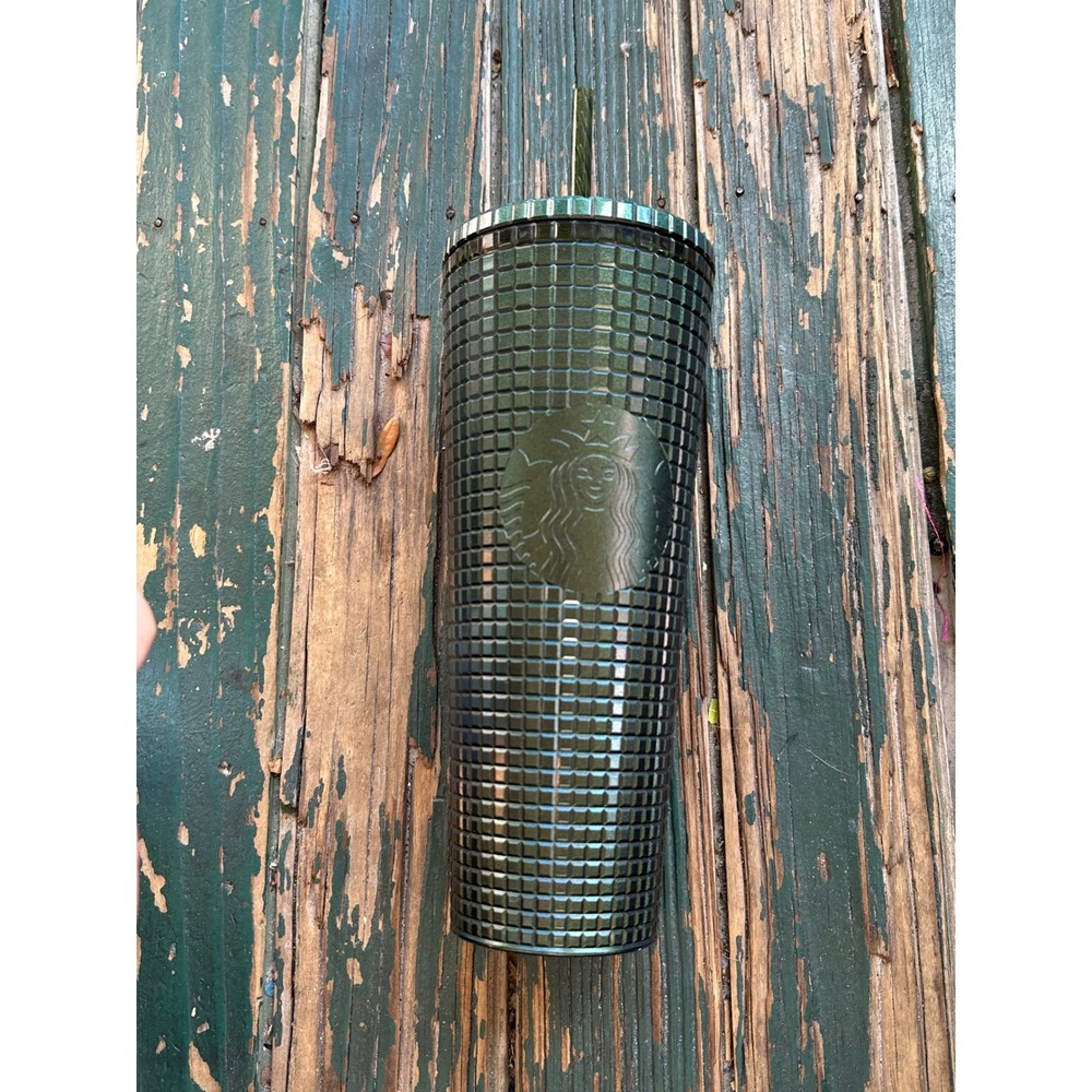 Starbucks Dark Green Iridescent Grid Bling Venti 24oz Cold Cup Tumbler Straw